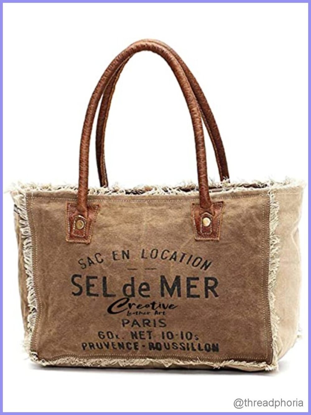 Vintage Canvas Tote Bag with Genuine Leather Handles Boho Shoulder Bag